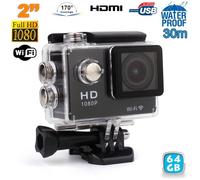 Caméra Sportive Étanche 30M 170° Full HD Wifi Time Lapse Slow Motion Noir 64 Go YONIS