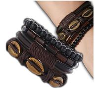 Camerazar Bracelet PUNK en cuir noir et brun pour homme - Lot de 4 pièces avec coquillages