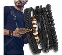 Camerazar Set de bracelets en cuir pour hommes avec perles et pendentifs