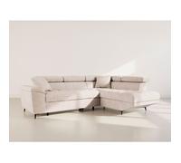 Camille - Canapé d'angle droit 5 places convertible avec têtières et coffre en velours texturé - Beige