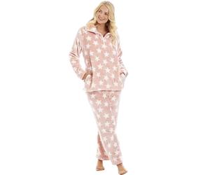 Camille Ensemble Pyjama 2 pièces Super Doux pour Femme - Imprimé étoiles Blanches en Polaire épaisse - Manches Longues et Taille élastique pour Un Confort et Une Chaleur ultimes, Rose, 10-12