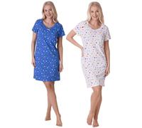 Camille Lot de 2 Chemises de Nuit d'été en Coton pour Femme - Manches Courtes Respirantes et légères Confortables pour Un Sommeil d'été Relaxant, Bleu/Pois Blancs, 42-44