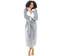 CAMILLE Peignoir en Polaire Super Doux pour Femme - Peignoir à Capuche doublé en Sherpa à Poils Longs - Manches Longues, Fermeture à Ceinture et Poches Avant, Vert Jade, 42/44 FR