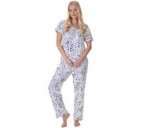 Camille Pyjama floral à manches courtes pour femme - Pyjama long léger et respirant pour femme avec taille élastique - Doux, confortable et élégant, Motif léopard bleu., 38-40