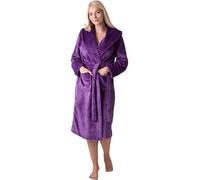 Camille Robe de chambre pour femme en polaire ultra douce avec col côtelé, manches longues, longueur mollet, fermeture à nouer, violet, 50-52