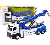 Camion avec grue en métal blanc et bleu