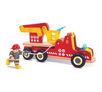 Hape Camion de pompier lumineux avec sirène – Figurine, échelle rotative, bois, dès 2 ans