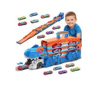 Camion de Transport Dinosaure - Jouet 2 en 1 avec Piste Catapulte Pliable et 8 Voitures de Course, Jouet Camion pour Enfants 3-5 Ans