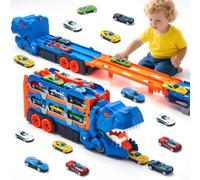 Camion de transport pour enfant - Porte-dinosaures avec 12 voitures en zinc moulé sous pression et distance de 152 cm - Kit de jeu de camion transformable pour garçons âgés de 3 à 6 ans