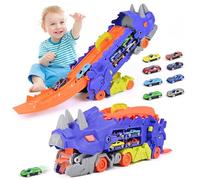 Camion de Transporteur pour Enfant avec 8 Voitures de Course et Dinosaure - Jouet Portable - Cadeau pour Garçons 3-8 Ans