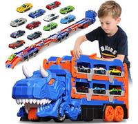 Camion Dinosaure Transporteur de Voitures Enfant - Circuit de Course avec Lanceur & 12 Mini Voitures - Jouet Garçon Fille 3 à 7 Ans - Camion Dinosaure XXL avec Piste de Lancement & Garage Voitures