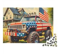 Camion Drapeau américain Premium, Puzzle 1000 pièces pour Adultes, Pick-up Patriotique, Maison, Drapeau, Ferme, épais Robuste Haute qualité, Vibrant, Stimulant Difficile, Anti-Stress, 52x38cm/1000pcs
