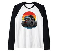 Camion Monstre Amusant avec Dessin animé rétro Coucher de Soleil Manche Raglan