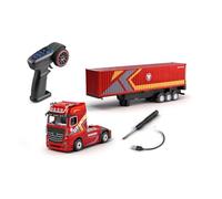 Camion porte-conteneurs RC à l'échelle 1/64 avec remorque, semi-camion RC à direction proportionnelle 2,4 G 4WD avec 3 modes de conduite, fonction croisière, pieds de support de levage, lumières et