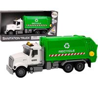 Camion poubelle poubelles lumières bruits conduite blanc et vert