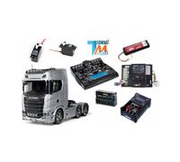 Camion RC Tamiya Scania 770 S V8 6x4 1/14 Aluminium Brillant TS-17 avec lumières et sons et radio 14 voies LCD (Pack complet)
