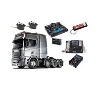Camion RC Tamiya Scania 770 S V8 Tracteur Lourd 8x4/4 1/14 avec lumières et sons et radiocommande 14 voies LCD (Pack complet)