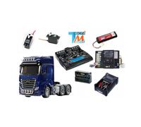Camion Tamiya Actros 6x4 3363 bleu 1/14 avec lumières, sons et radio 14 voies LCD (Pack complet)