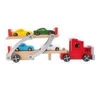 Small Foot Camion transport de voitures en bois avec rampe, jouet pour enfants avec remorque amovible et 4 voitures de couleur, à partir de 3 ans