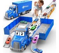Camion Transporteur de Course avec Piste Éjectable et Pliable - 165 cm Circuit Voiture avec 6 Mini Voitures - Jouet Enfant 3 4 5 6 Ans - Facile à Transporter - Cadeau Garçon
