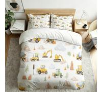 Camions Chantier Dessin Animé Housse de Couette 200x200, Parure de Lit 2 Personnes en Douce Microfibre, Pelleteuse Bulldozer Chantier Housse de Couette avec 2 Taies d'oreiller pour Enfant Blanc