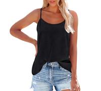Camisole à bretelles spaghetti réglables pour femme - Col carré - Coupe ample - Sans manches - Pour l'été - Décontracté - Tendance - Fluide - Solide - Vacances - Débardeurs à lanières, Noir , S