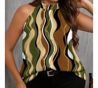 Camisole à épaules découvertes décontractée, style vacances, avec imprimé de rayures élégantes, pour femmes grandes tailles 0XL,1XL,2XL,3XL,4XLBlocs de couleur,PlantesÉtoffe