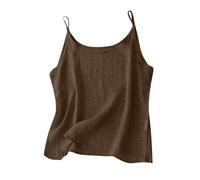 Camisole pour femme en coton et lin avec bretelles spaghetti sans manches - T-shirt d'été uni à col rond - Grande taille - T-shirts décontractés, A03 marron, M
