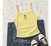 Camisole pour préadolescentes avec un style frais et doux, décorée de patchs brodés de citrons, vive et ludique pour l'automne, mignon 8Y,9Y,10Y,11Y,12YFruits & légumesRayonne