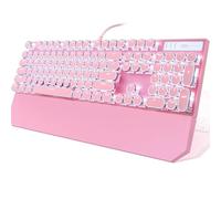 Camiysn Clavier de jeu mécanique style machine à écrire, clavier de jeu rétro punk rose avec rétroéclairage blanc, 104 touches, interrupteur bleu, touches mignonnes, touches rondes pour Windows/Mac/PC