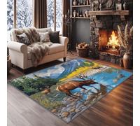 Campagne Rustique 100x160 cm Tapis de Chambre Doux, Nature Forêt Montagne Rivière Élan Lavable Antidérapant Tapis de Salon - Marron Chaud Moquette pour Salle de Séjour Chambre d'enfant Salle de Jeu