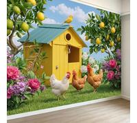 Campagne Rustique Papier Peint Panoramique 300L x 210H cm, Maison de Campagne Citronnier Animal Poule Papier Peint Mural Art - Vert Poster Photo Fresque Mural pour Salle à Manger Salon Chambre