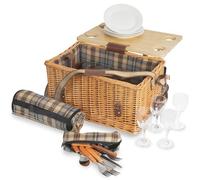 CampFeuer Panier de pique-nique pour 4 personnes, set de vaisselle et table de service, 25 pièces, valise à carreaux, panier en osier avec sangle en cuir