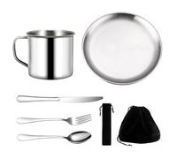 Camping 1 Personne, Vaisselle Popote Bivouac, 7 Couverts de Accessoires en Acier Inoxydable de Qualité Supérieure, Gobelet Léger Réutilisable, Assiettes et Couverts Avec Aac Noir, Pour Randonnée