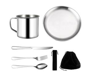 Camping 1 Personne, Vaisselle Popote Bivouac, 7 Couverts de Accessoires en Acier Inoxydable de Qualité Supérieure, Gobelet Léger Réutilisable, Assiettes et Couverts Avec Aac Noir, Pour Randonnée