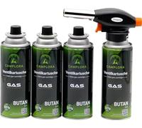 CAMPLORA Brûleur à gaz + 4 cartouches de gaz MSF-1a 227 g - Allumage piézo - 1 kW - Chalumeau Bunsen - Pour cuisine et atelier - Avec cartouche