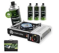 CAMPLORA Réchaud à gaz + 4 cartouches de gaz + mallette de transport avec allumage piézoélectrique - Réchaud de camping 2,2 kW - Avec arrêt de sécurité - Réchaud à gaz de camping - 1 feu MSF-1a