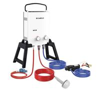 CAMPLUX AY132Max-DE Chauffe-eau a Gaz 5L avec Support et Pompe à Eau 12 V | Incl. Kit de Douche de 3,5 m et Sac de Transport, Autoportant, Propane ou Butane, pour Camping, RV Voyage, AY132Max-DE