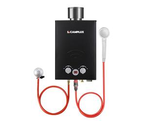 Camplux BW158BC Chauffe-eau à Gaz à 6 Litres sans Réservoir, avec Couvercle de Pluie, Propane ou Butane, 12kW, Noir