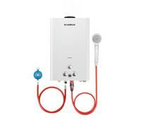 CAMPLUX Chauffe-eau à gaz instantané en plein air, 16 l, 50 mbar, douche à gaz sans réservoir avec régulateur de gaz, gaz propane/butane, pour douche de camping, excursion en camping-car, cheval de