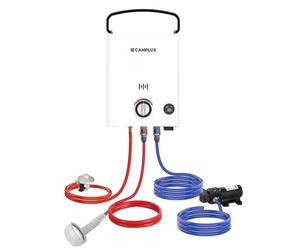 CAMPLUX First 5L Chauffe-Eau à Gaz Portable avec Pompe à Eau, Butane (28-30 mbar)/ Propane (37 mbar), pour Douche Extérieure/Camping/Caravaning, F5 Pro