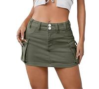 CAMPMINE Jupe cargo moulante taille basse Y2K avec poches à rabat pour femme, mini jupe cargo boutonnée en jean, Vert, 44