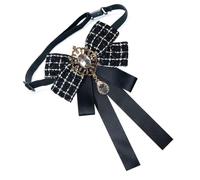 Campus Plaids Bowtie with Ribbons and Decorative Rhinestones Elegant Brooch Pin Adjustable Pre Tied Bowknot Necktie Bows Brooch