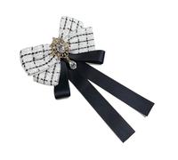 Campus Plaids Bowtie with Ribbons and Decorative Rhinestones Elegant Brooch Pin Adjustable Pre Tied Bowknot Necktie Bows Brooch