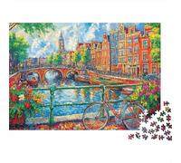 Canal Amsterdam Puzzle 1000 Pièces Papier Puzzle pour Adultes Architecture Urbaine Jeu de Puzzle 1000 Pièces Détente Décoration 38x26cm/1000pcs
