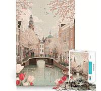 Canal d'Amsterdam au printemps avec tulipes Puzzle 1000 pièces pour adultes Jeu de mémoire et de divertissement Découpe laser de qualité supérieure Temps calme et exercice mental à la maison (38x52cm)