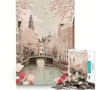Canal d'Amsterdam au Printemps avec Tulipes Puzzle Adulte 1000 pièces Jeu de mémoire Découpe de Haute précision Activité Manuelle Exercice Mental Calme à Faire à la Maison (50x75cm)