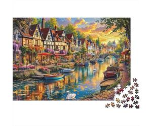 Canal Town Scene 1000 Teile Puzzle 1000 Teile Für Erwachsene Dickes Karton Brain Training Stressabbau Wanddekoration Heimdekoration Partyspiel 52x38cm/1000pcs