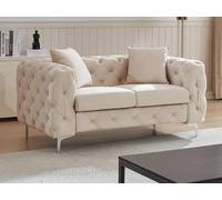 Canapé 2 places chesterfield en velours beige EDWINA