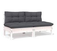 Canapé 2 Places de Jardin en Bois de Pin Massif avec Coussins Blanc et Anthracite, Salon d'Extérieur Modulaire Confortable pour Terrasse et Balcon, Meuble de Jardin Résistant aux Intempéries